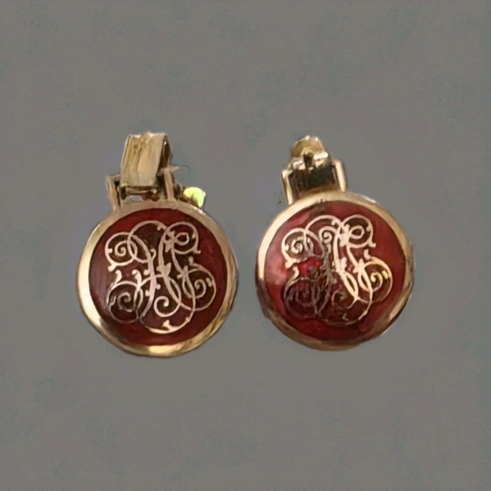 Vintage Red Enamel Gold Tone Ornate Scroll Monogram Clip On Earrings Statement